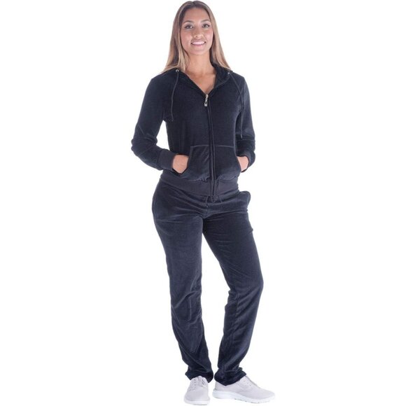 Chic 2-Piece Women's Velour Jogging Set: Soft Tracksuit in Elegant Black - Picture 1 of 6